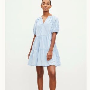 Blue Puff Sleeve V-Neck Mini Sundress